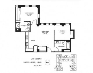 2 Bed 2 Bath 952 sqft Floor Plan at Somerset Place Apartments, Chicago, 60640