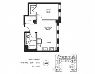 1 Bed 1 Bath 576 sqft Floor Plan at Somerset Place Apartments, Chicago