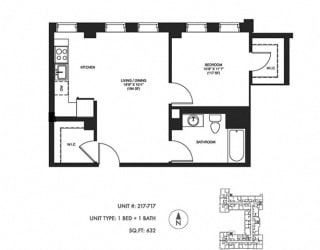 1 Bed 1 Bath 632 sqft Floor Plan at Somerset Place Apartments, Illinois, 60640