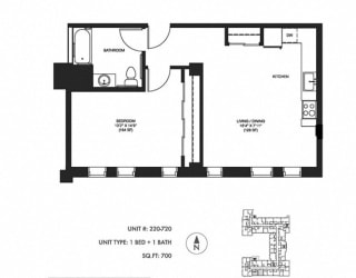 1 Bed 1 Bath 700 sqft Floor Plan at Somerset Place Apartments, Chicago, IL