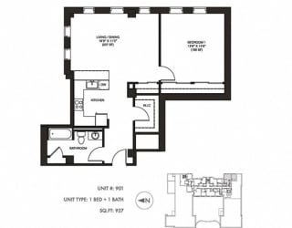 The Penthouse 927 sqft Floor Plan at Somerset Place Apartments, Chicago, IL, 60640