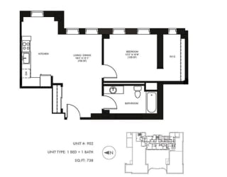 The Penthouse 738 sqft Floor Plan at Somerset Place Apartments, Illinois, 60640