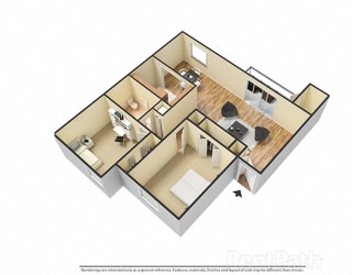 2 BR, 1 Bath Floor Plan 3D View at Pickwick Farms Apartments, Indianapolis, 46260
