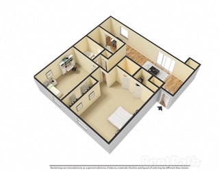 2 BR, 1.5 Bath Floor Plan 3D View at Pickwick Farms Apartments, Indianapolis, Indiana