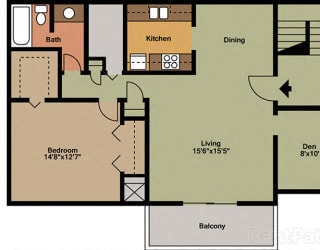 1 Bedroom 1 Bathroom Plus Den Floor Plan at The Lodge Apartments, Indianapolis, IN