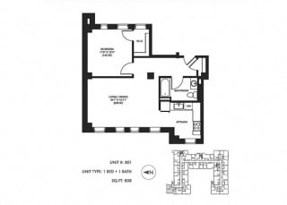 1 Bed 1 Bath 808 sqft Floor Plan at Somerset Place Apartments, Chicago, IL, 60640