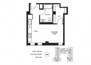 Studio 462 sqft Floor plan at Somerset Place Apartments, Chicago, IL