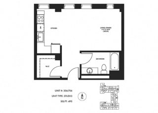 Studio 493 sqft Floor Plan at Somerset Place Apartments, Chicago, IL, 60640