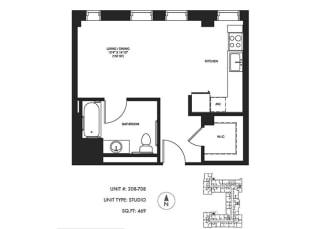 Studio 469 sqft Floor Plan at Somerset Place Apartments, Illinois, 60640