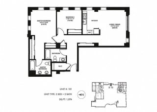 2 Bed 2 Bath 1055 sqft Floor Plan at Somerset Place Apartments, Chicago, 60640