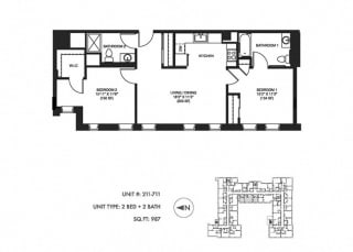 2 Bed 2 Bath 987 sqft Floor Plan at Somerset Place Apartments, Chicago, Illinois