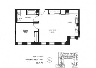 1 Bed 1 Bath 723 sq ft Floor Plan at Somerset Place Apartments, Chicago, Illinois