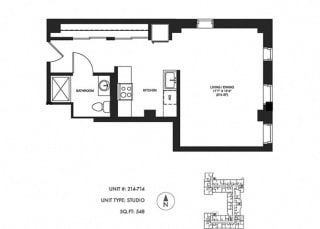 Studio 548 sqft Floor Plan at Somerset Place Apartments, Chicago, Illinois