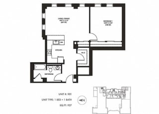 The Penthouse 927 sqft Floor Plan at Somerset Place Apartments, Chicago, IL, 60640
