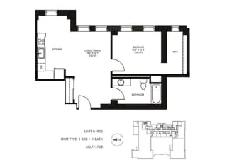 The Penthouse 738 sqft Floor Plan at Somerset Place Apartments, Illinois, 60640