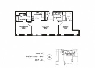 The Penthouse 1050 sqft Floor plan at Somerset Place Apartments, Illinois