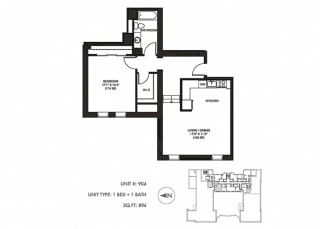 The Penthouse 894 sqft Floor Plan at Somerset Place Apartments, Chicago, Illinois