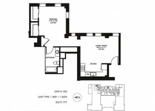 The Penthouse 771 sqft Floor Plan at Somerset Place Apartments, Chicago, IL