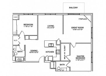 Floor Plan  F2 - 2 Bedroom, 2 Bath with Great Room and Fireplace