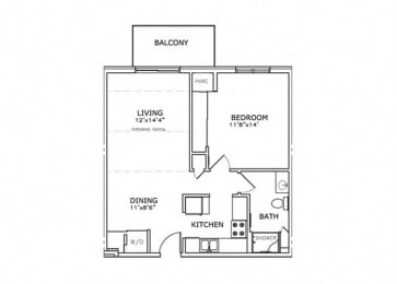 Floor Plan  A1 - 1 Bedroom, 1 Bath