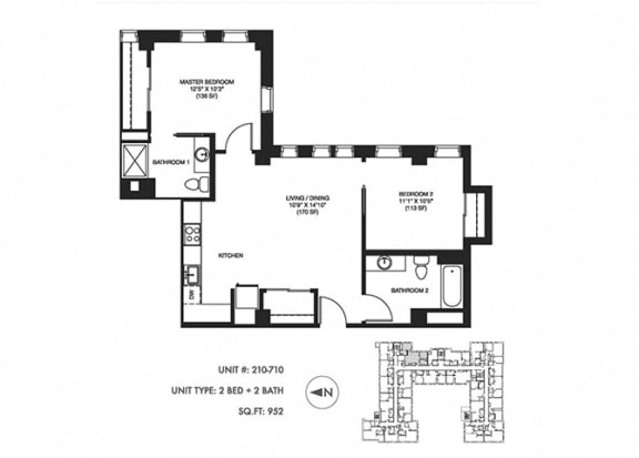 2 Bed 2 Bath 952 sqft Floor Plan at Somerset Place Apartments, Chicago, 60640