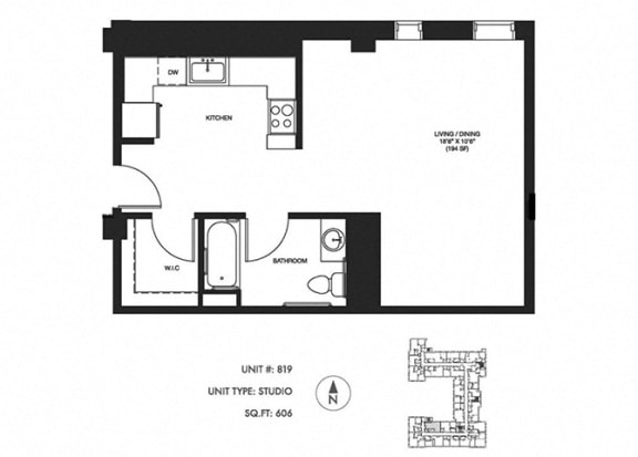 Studio 606 sqft Floor Plan at Somerset Place Apartments, Illinois