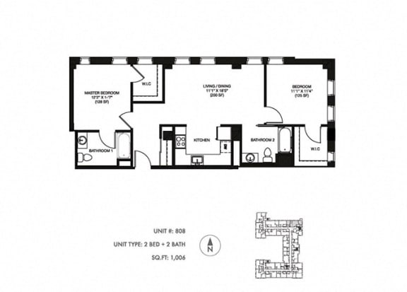 2 Bed 2 Bath 1006 sqft Floor Plan at Somerset Place Apartments, Chicago