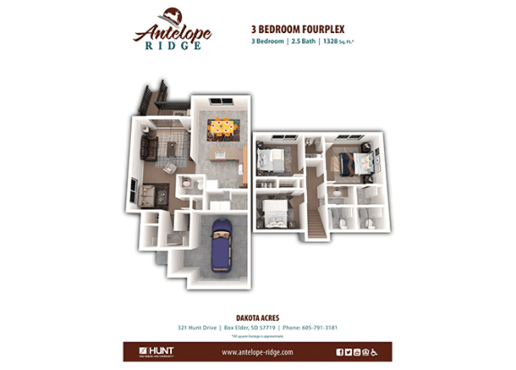 3 Bedroom 2.5 Bathroom 1328 sqft. Floor Plan at Antelope Ridge, Box Elder, 57719