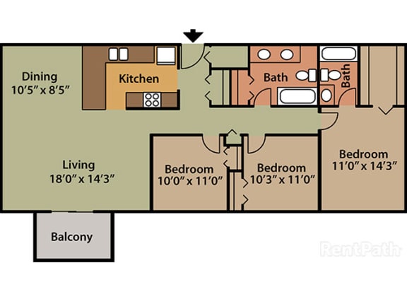 3 Bed 2 Bath Floor Plan at Candlewyck Apartments, Kalamazoo, MI 3 Bed 2 Bath Floor Plan at Candlewyck Apartments, Kalamazoo, MI