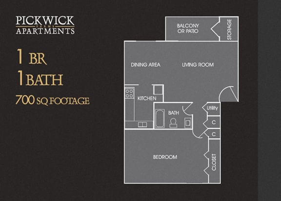1 BR, 1 Bath Floor Plan at Pickwick Farms Apartments, Indiana, 46260