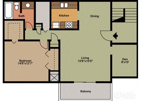 1 Bedroom 1 Bathroom Plus Den Floor Plan at The Lodge Apartments, Indianapolis, IN