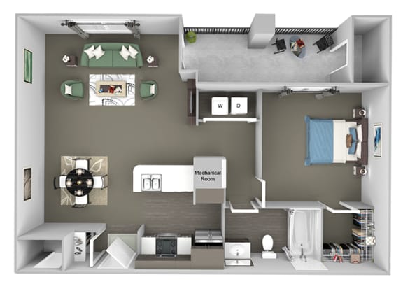 Corbin Greens Apartments - A2 - 1 bedroom and 1 bath - 3D floor plan