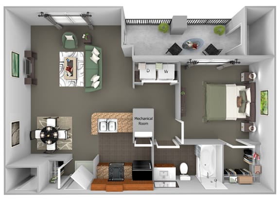 Delano at Cypress Creek - A2 (Alden) - 1 bedroom and 1 bath - 3D Floor Plan