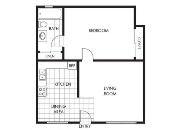 Floor Plan  One Bedroom One Bathroom Layout A Floor Plan at Marina Crescent Apartments, Marina, 93933
