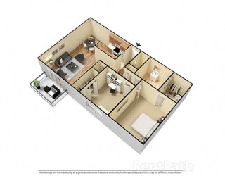 2 Bed 1 Bath Furnished Floor Plan at Candlewyck Apartments, Kalamazoo, MI, 49001