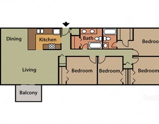 4 Bed 2 Bath Floor Plan at Candlewyck Apartments, Kalamazoo, Michigan