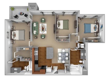 First and Main - C1 (Contemporary) - 3-bedroom and 2 bath - 3D floor plan