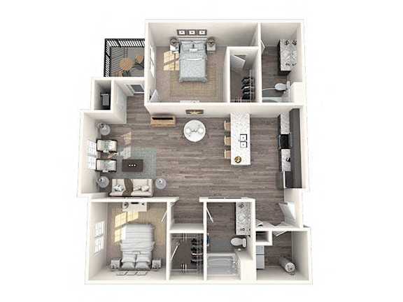 A top-down view of a two-bedroom apartment with a living room, kitchen, and bathroom.