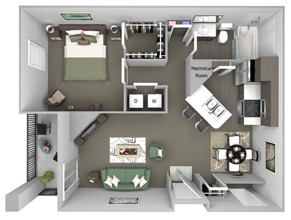 Cheswyck at Ballantyne Apartments - A3 (Arlington) - 1 bedroom and 1 bath - 3D floor plan