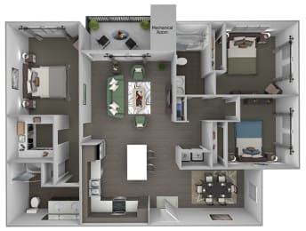 Quinn Crossing - Sulsun (C1) - 3 Bedroom and 2 bath - 3D floor plan