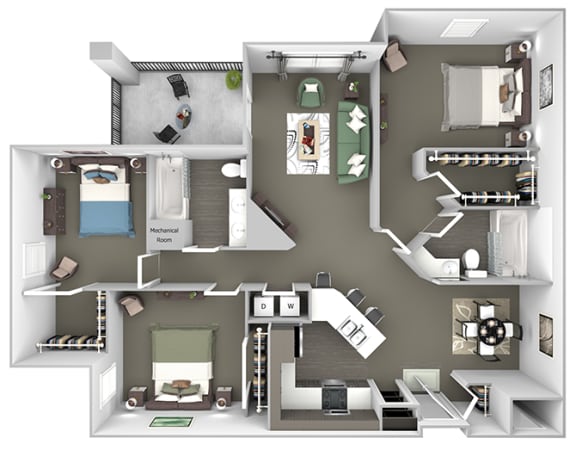 Cheswyck at Ballantyne Apartments - C2 (Davidson) - 3 bedrooms and 2 bath - 3D floor plan