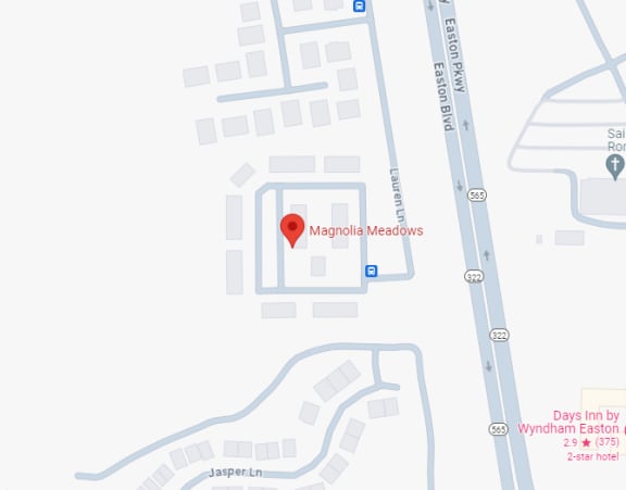 a map showing the location of magnolia meadows with a red dot on it