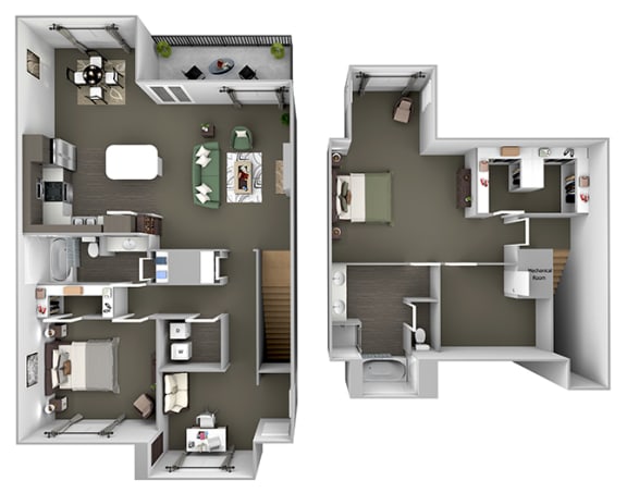 Belle Harbour Apartments - C3 - 2 bedrooms and 2 bath - 3D Floor Plan