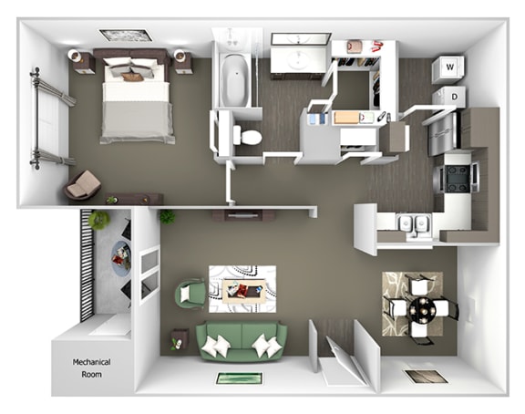 Belle Harbour Apartments - A2 - 1 bedroom and 1 bath - 3D Floor Plan
