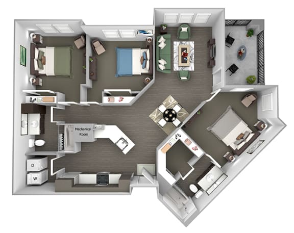 Nona Park Village - C2 (Water Lily) - 3 bedroom - 2 bath - 3D Floor Plan