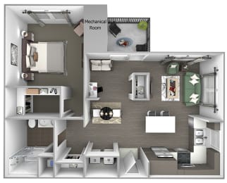 Quinn Crossing - Solano (A5) - 1 Bedroom and 1 bath - 3D Floor Plan