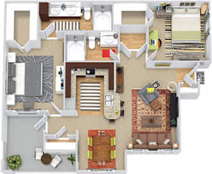Brighton 3D. 2 bedroom apartment. Kitchen with bartop open to living/dinning rooms. 2 full bathrooms, double vanity in master. Walk-in closets. Patio/balcony. Large pantry.