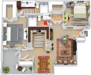 Brighton 3D. 2 bedroom apartment. Kitchen with bartop open to living/dinning rooms. 2 full bathrooms, double vanity in master. Walk-in closets. Patio/balcony. Large pantry.