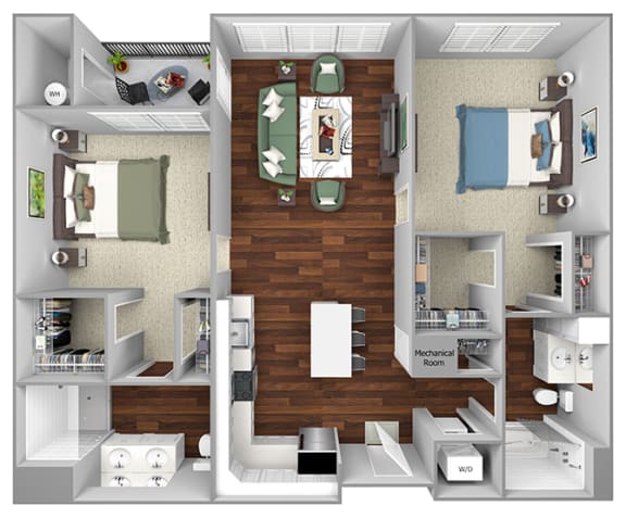B8 - 2 Bed - 2 Bath - The Airdrie at Paoli Station - 3D Floor Plan