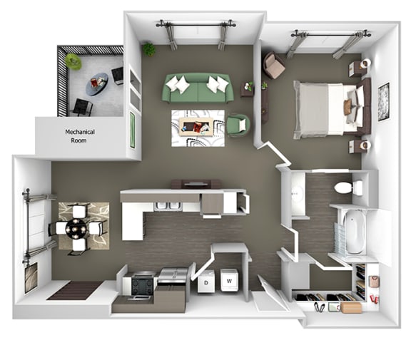 Belle Harbour Apartments - A3 - 1 bedroom and 1 bath - 3D Floor Plan